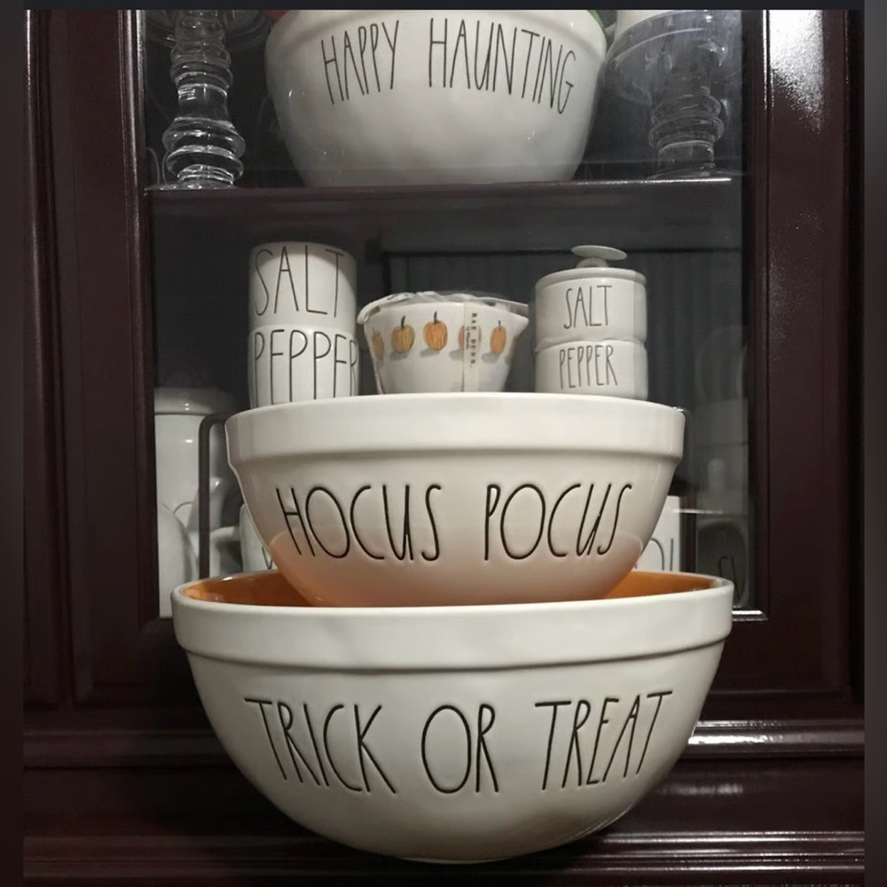 Rae Dunn ‘Trick or Treat’ & ‘Hocus Pocus’ with Orange Interior Mixing Bowl set.